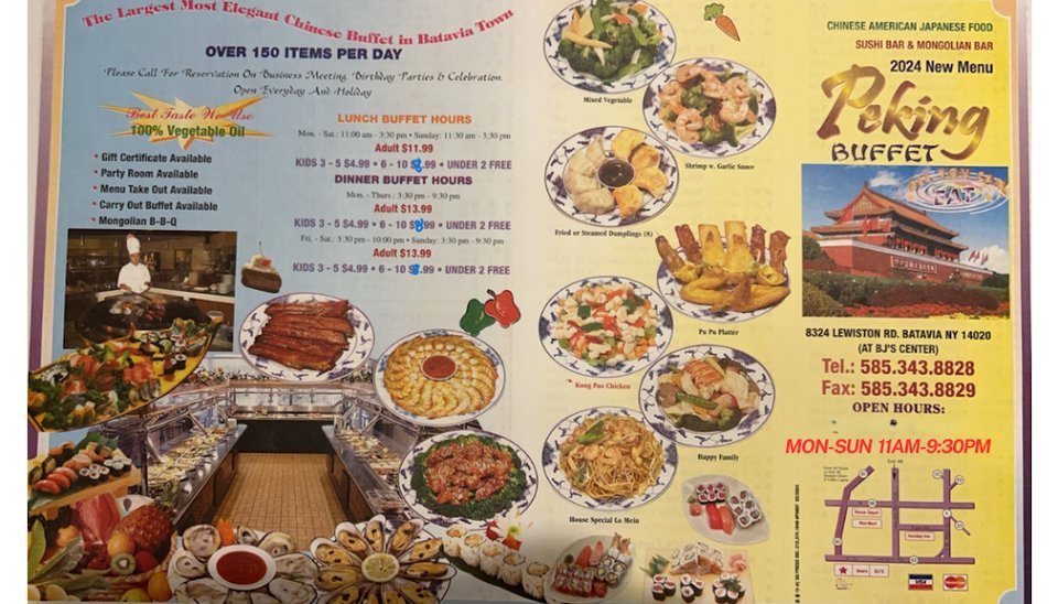 Printed menu with sushi rolls and buffet choices.